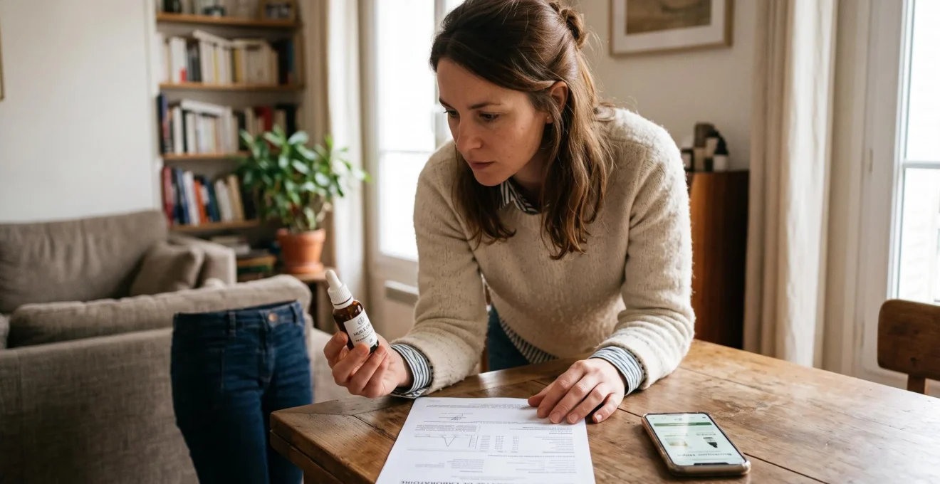 Une femme compare une fiche produit et un certificat d'analyse de laboratoire sur une table avant de valider une commande de CBD.