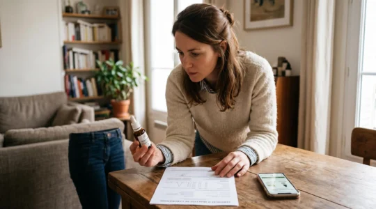 Une femme compare une fiche produit et un certificat d'analyse de laboratoire sur une table avant de valider une commande de CBD.