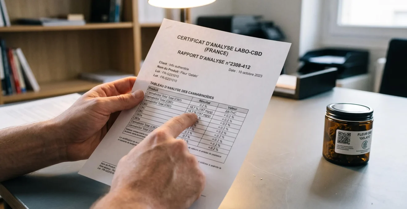 Des mains pointent le tableau des taux de cannabinoïdes sur un certificat d'analyse de laboratoire posé sur un bureau.