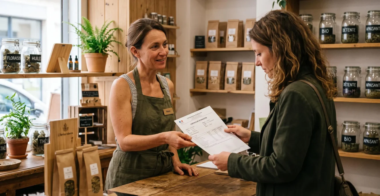 Une vendeuse de boutique CBD tend un certificat d'analyse imprimé à une cliente par-dessus le comptoir.